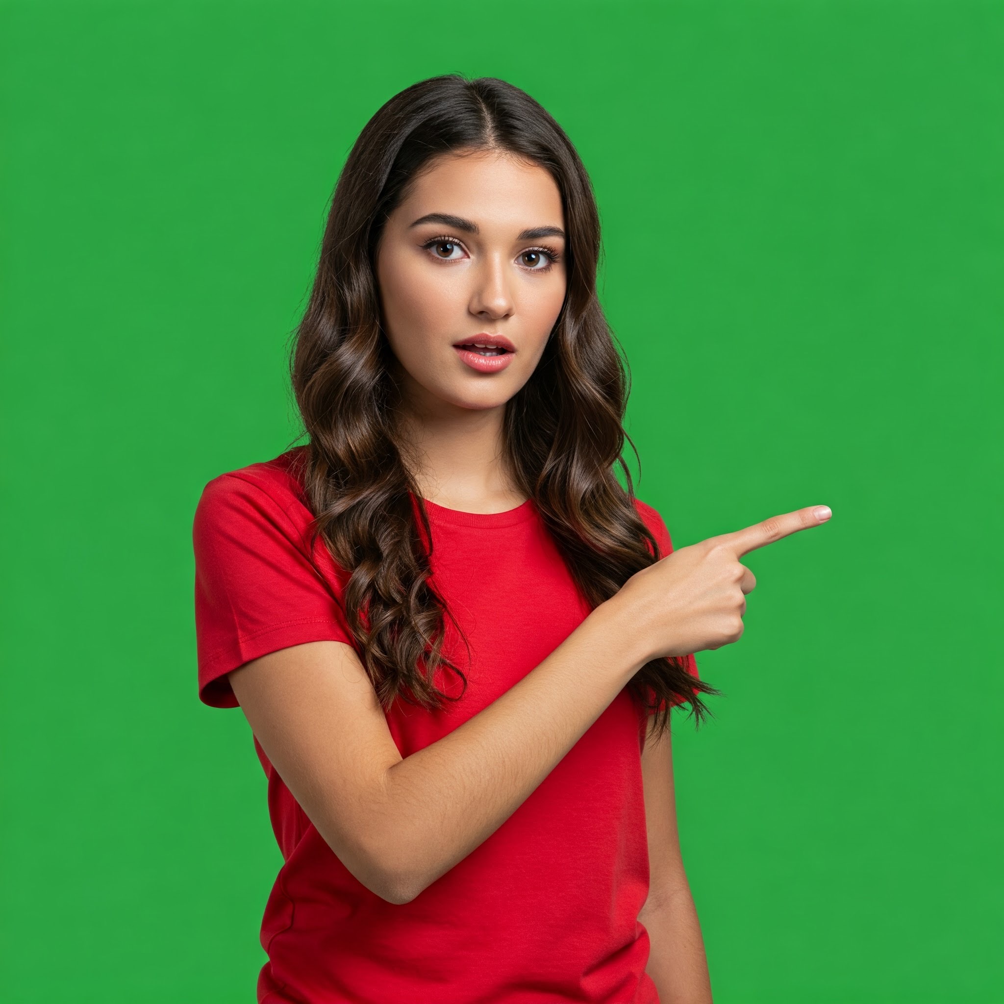 photo of Surprised Young Woman Pointing Right Against Green Screen